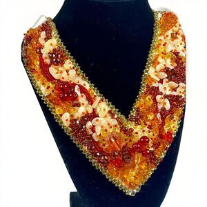 Freeform Czech Swarovski and Baltic Amber Beaded V Neck Necklace